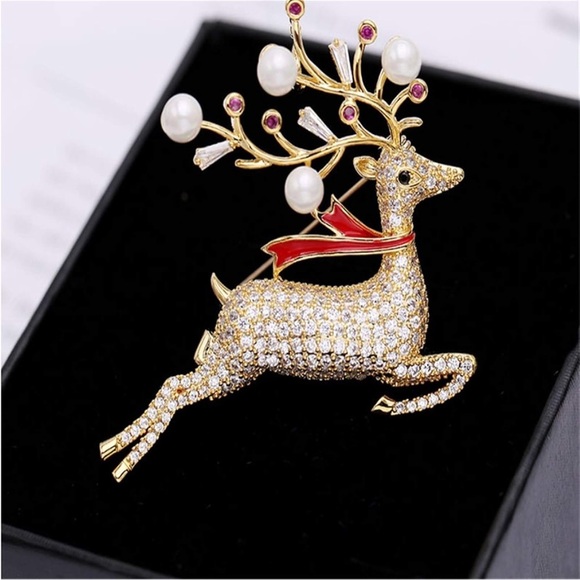 New Sparkly Gold-Tone Reindeer Brooch (2” wide x 1.75” tall) (Version “Prancer”) - Picture 1 of 8